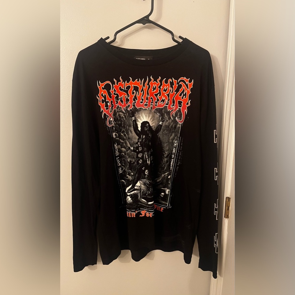 Disturbia Black Long Sleeve Graphic Tee with Red and White Print